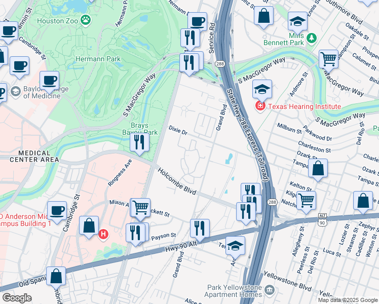 map of restaurants, bars, coffee shops, grocery stores, and more near 2401 Holcombe Boulevard in Houston