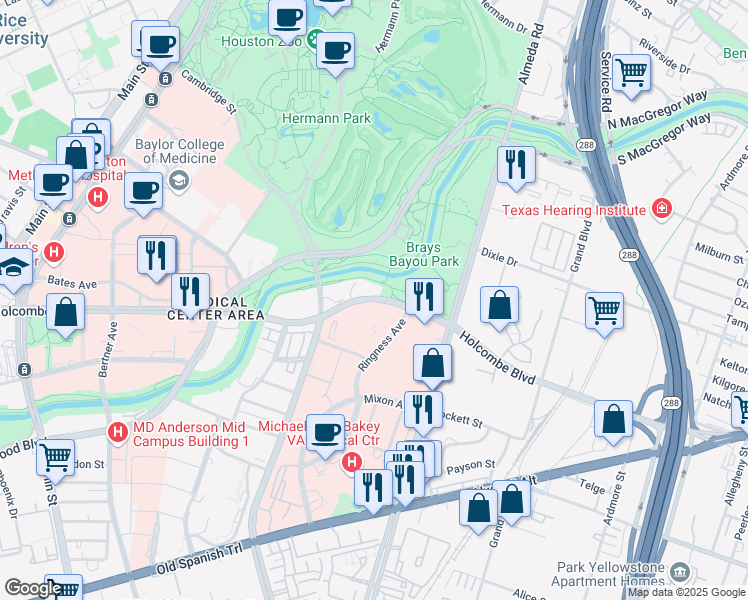 map of restaurants, bars, coffee shops, grocery stores, and more near 2130 Holcombe Boulevard in Houston