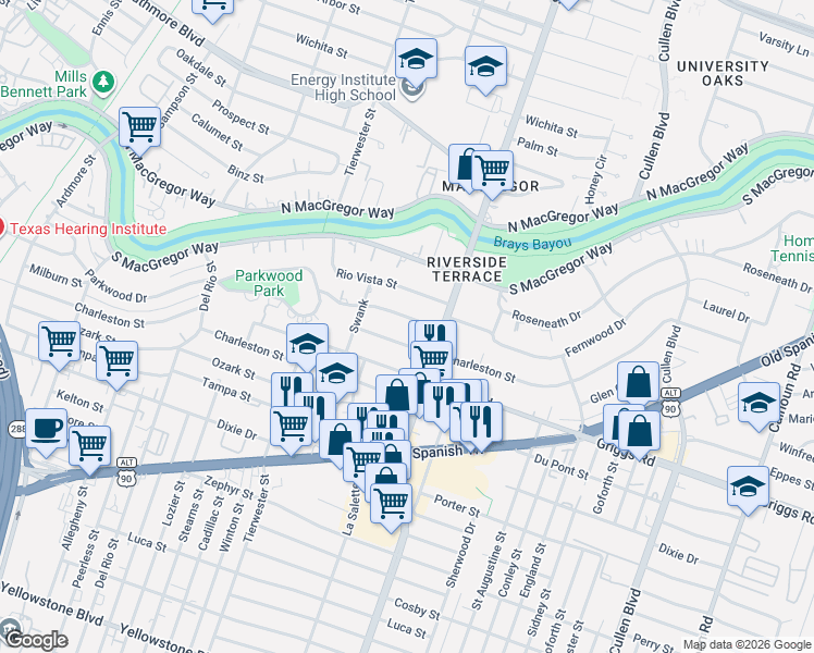 map of restaurants, bars, coffee shops, grocery stores, and more near 3730 Charleston Street in Houston