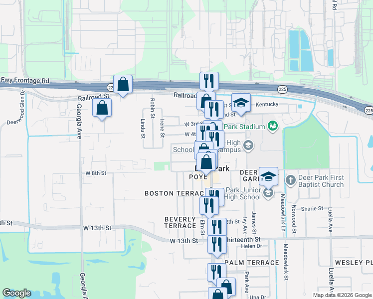 map of restaurants, bars, coffee shops, grocery stores, and more near 129 West 7th Street in Deer Park