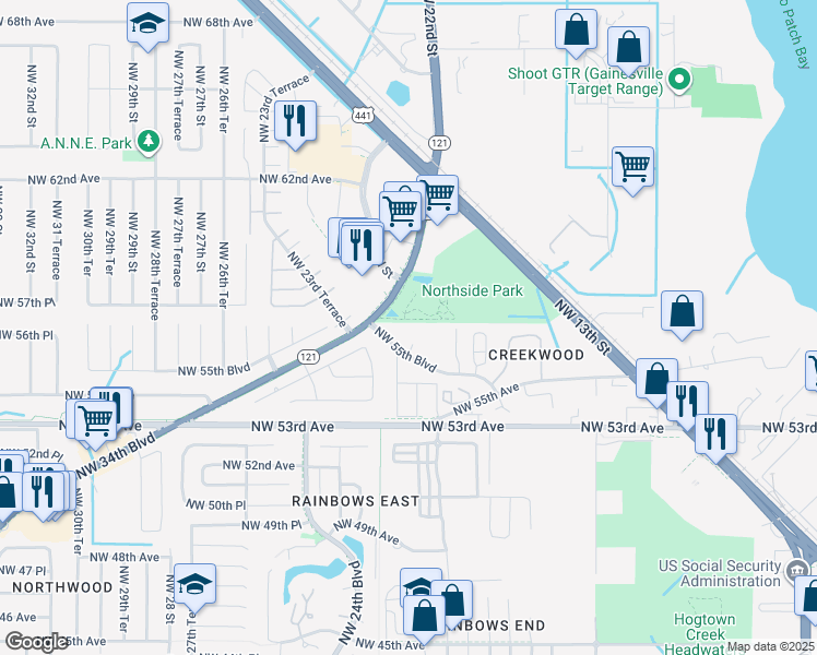 map of restaurants, bars, coffee shops, grocery stores, and more near 2220 Northwest 55th Boulevard in Gainesville