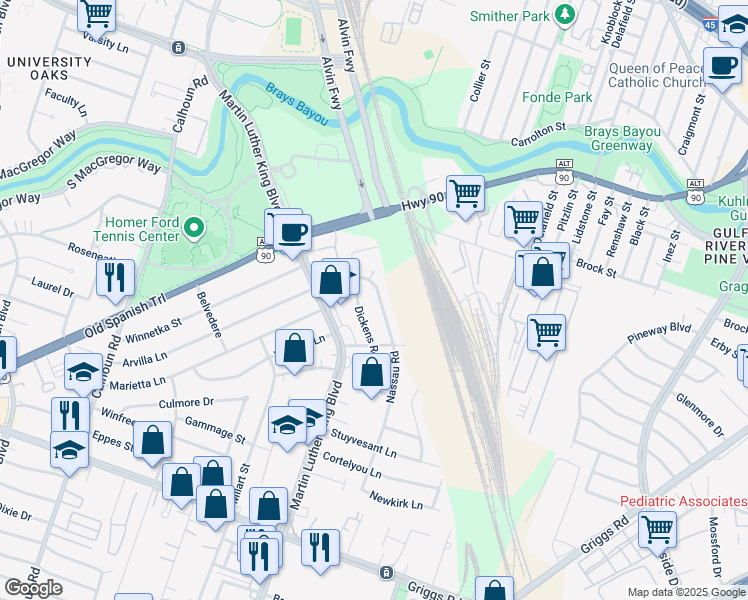 map of restaurants, bars, coffee shops, grocery stores, and more near 5018 Nassau Road in Houston