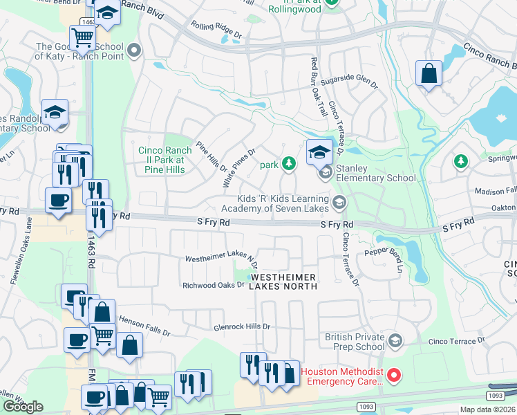 map of restaurants, bars, coffee shops, grocery stores, and more near 26407 Red Cliff Ridge in Katy