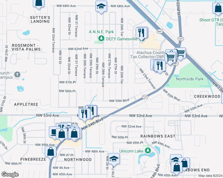 map of restaurants, bars, coffee shops, grocery stores, and more near 5631 Northwest 27th Terrace in Gainesville