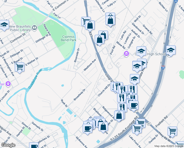 map of restaurants, bars, coffee shops, grocery stores, and more near 805 Manhattan in New Braunfels