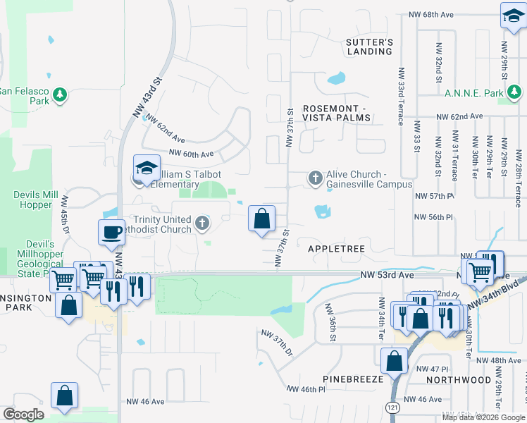map of restaurants, bars, coffee shops, grocery stores, and more near 3746 Northwest 55 Place in Gainesville