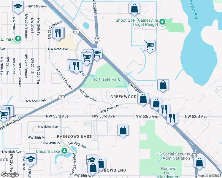 map of restaurants, bars, coffee shops, grocery stores, and more near 2114 Northwest 55th Boulevard in Gainesville