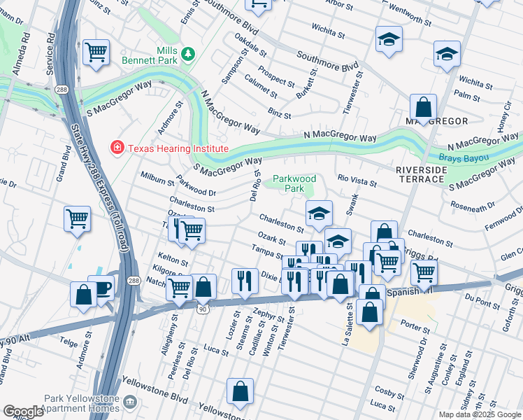 map of restaurants, bars, coffee shops, grocery stores, and more near 3423 Ozark Street in Houston