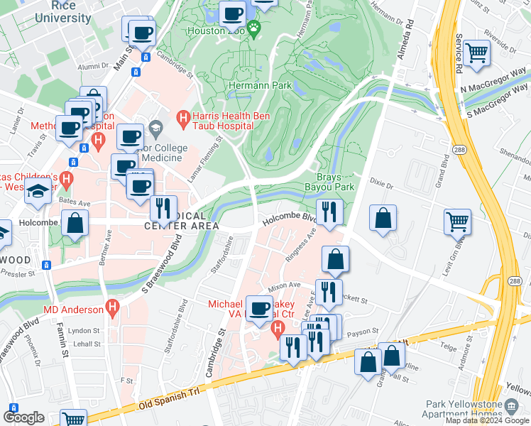 map of restaurants, bars, coffee shops, grocery stores, and more near in Houston