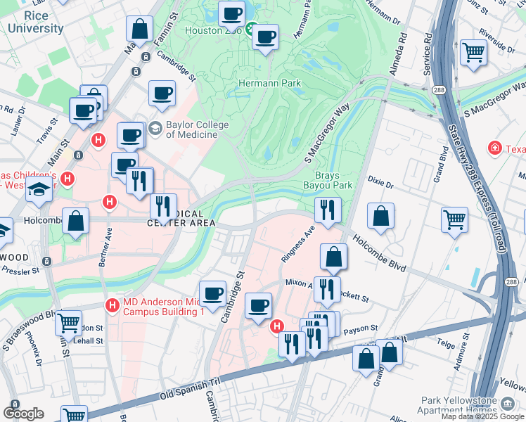 map of restaurants, bars, coffee shops, grocery stores, and more near in Houston