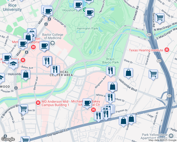 map of restaurants, bars, coffee shops, grocery stores, and more near 1911 Holcombe Boulevard in Houston