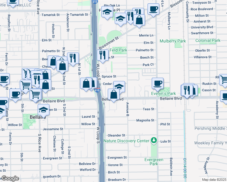 map of restaurants, bars, coffee shops, grocery stores, and more near 4620 Bellaire Boulevard in Bellaire