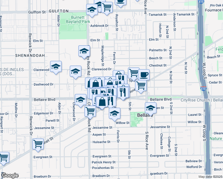 map of restaurants, bars, coffee shops, grocery stores, and more near 6708 Ferris Street in Bellaire