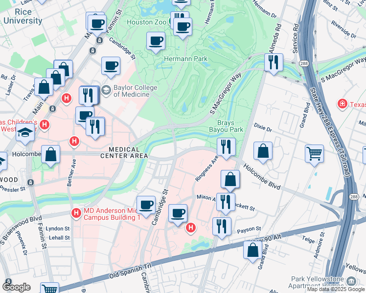 map of restaurants, bars, coffee shops, grocery stores, and more near 1911 Holcombe Boulevard in Houston
