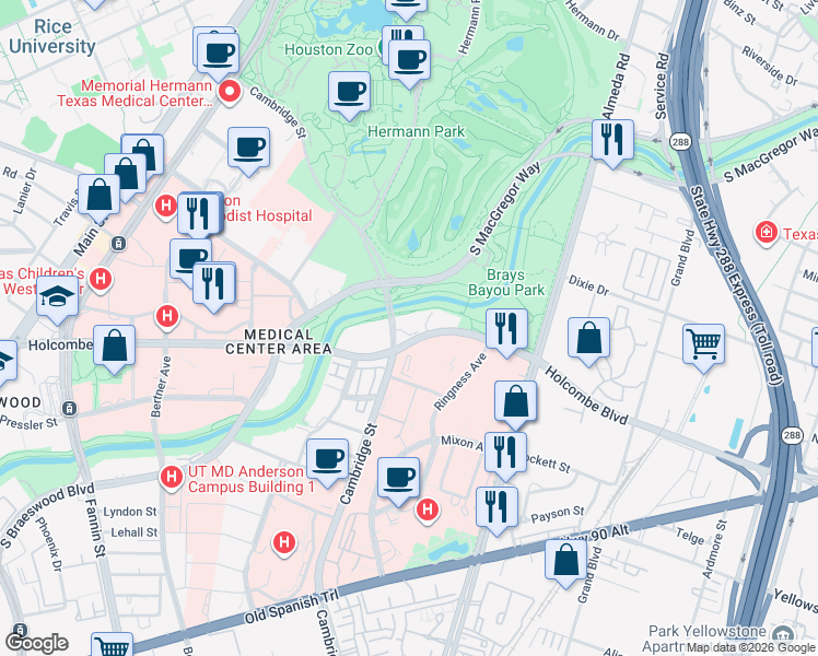 map of restaurants, bars, coffee shops, grocery stores, and more near 1911 Holcombe Boulevard in Houston