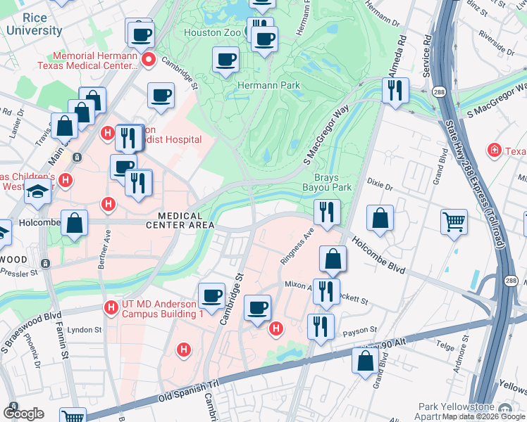 map of restaurants, bars, coffee shops, grocery stores, and more near 1911 Holcombe Boulevard in Houston