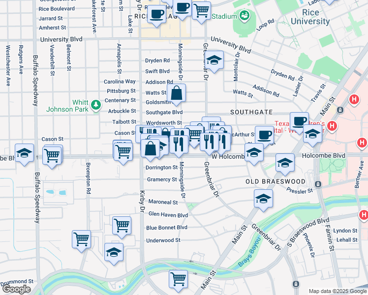 map of restaurants, bars, coffee shops, grocery stores, and more near 6704 Morningside Drive in Houston