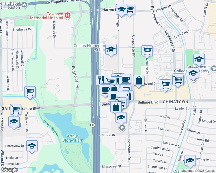 map of restaurants, bars, coffee shops, grocery stores, and more near 6601 West Sam Houston Parkway South in Houston