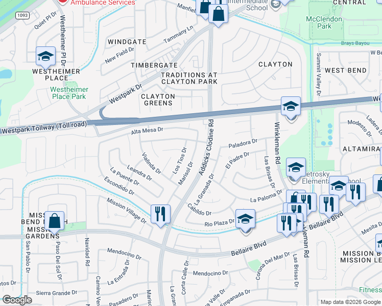 map of restaurants, bars, coffee shops, grocery stores, and more near 15703 Amapola Drive in Houston