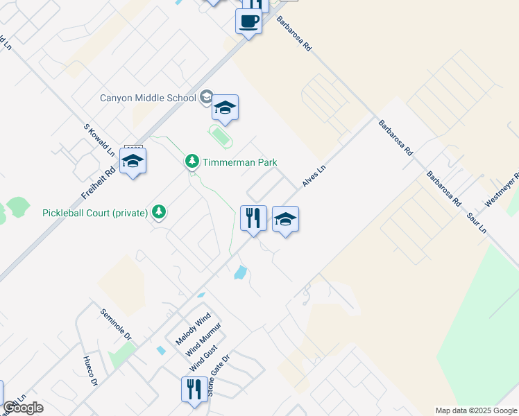 map of restaurants, bars, coffee shops, grocery stores, and more near 570 Creekside Circle in New Braunfels