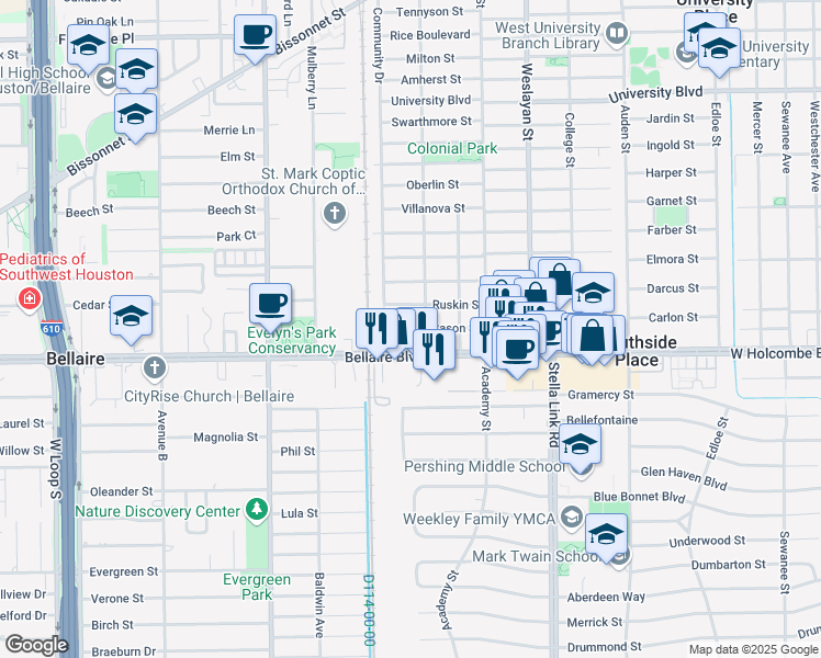 map of restaurants, bars, coffee shops, grocery stores, and more near 4210 Bellaire Boulevard in Houston