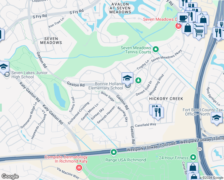 map of restaurants, bars, coffee shops, grocery stores, and more near 6801 Gaston Road in Katy