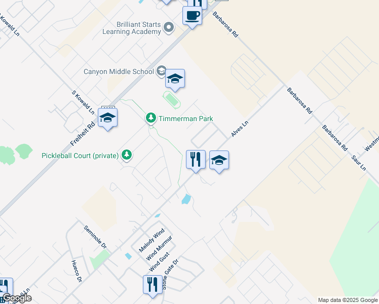map of restaurants, bars, coffee shops, grocery stores, and more near 630 Creekside Circle in New Braunfels