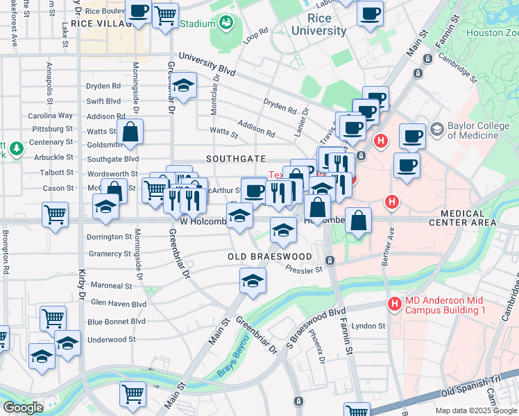 map of restaurants, bars, coffee shops, grocery stores, and more near 2047 Macarthur Street in Houston