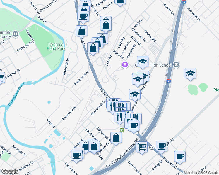 map of restaurants, bars, coffee shops, grocery stores, and more near 1300 Church Hill Drive in New Braunfels