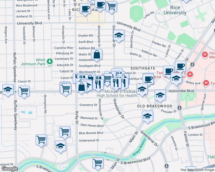 map of restaurants, bars, coffee shops, grocery stores, and more near 2319 McClendon Street in Houston