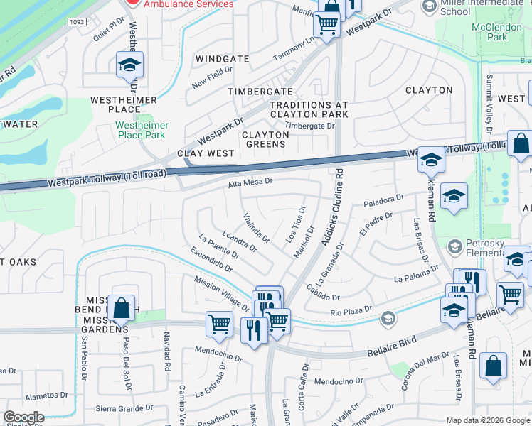 map of restaurants, bars, coffee shops, grocery stores, and more near 6602 Casa Del Monte Drive in Houston