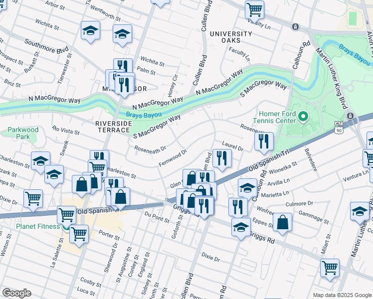 map of restaurants, bars, coffee shops, grocery stores, and more near Fernwood Drive in Houston