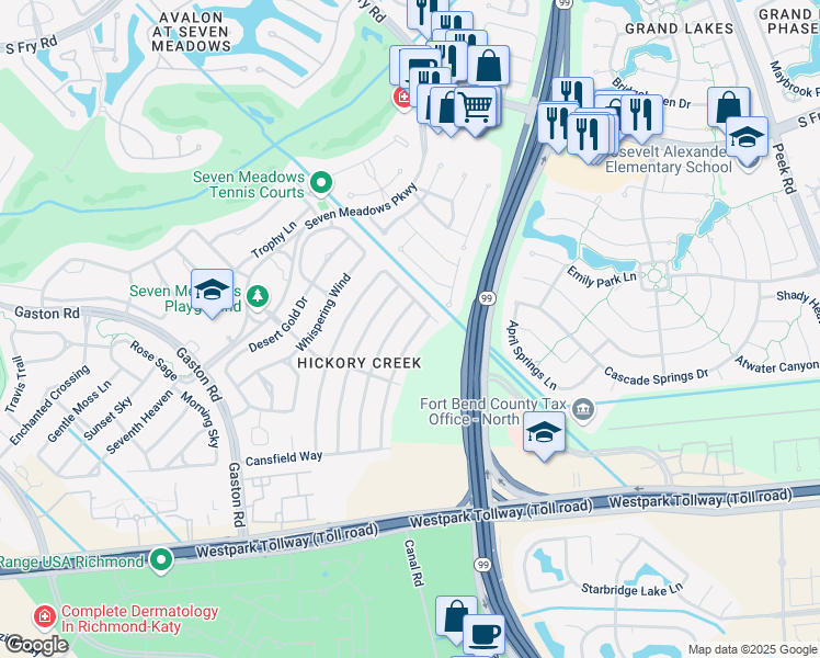 map of restaurants, bars, coffee shops, grocery stores, and more near 7215 Pembrough Lane in Katy
