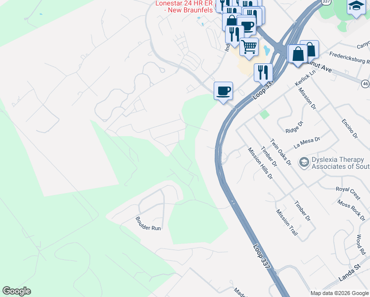 map of restaurants, bars, coffee shops, grocery stores, and more near 2850 Highway 337 Loop in New Braunfels