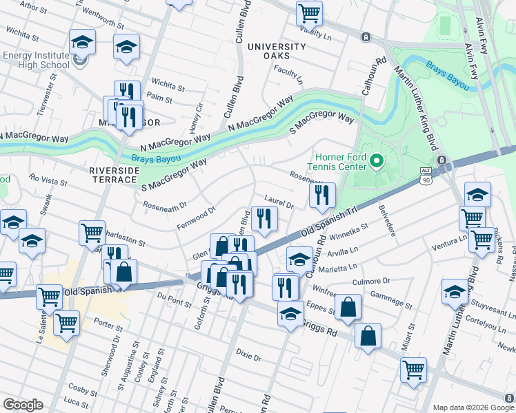 map of restaurants, bars, coffee shops, grocery stores, and more near 4311 Laurel Drive in Houston