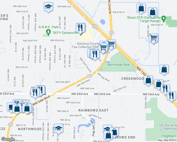 map of restaurants, bars, coffee shops, grocery stores, and more near 5801 Northwest 23rd Terrace in Gainesville