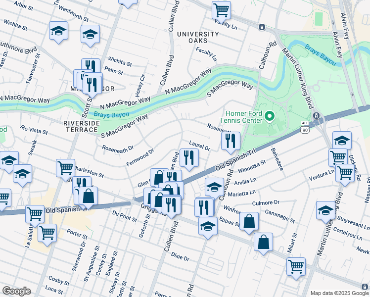 map of restaurants, bars, coffee shops, grocery stores, and more near 4311 Laurel Drive in Houston