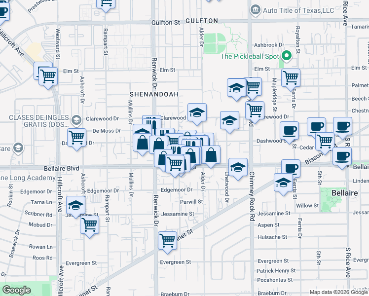 map of restaurants, bars, coffee shops, grocery stores, and more near 6655 Dashwood Drive in Houston