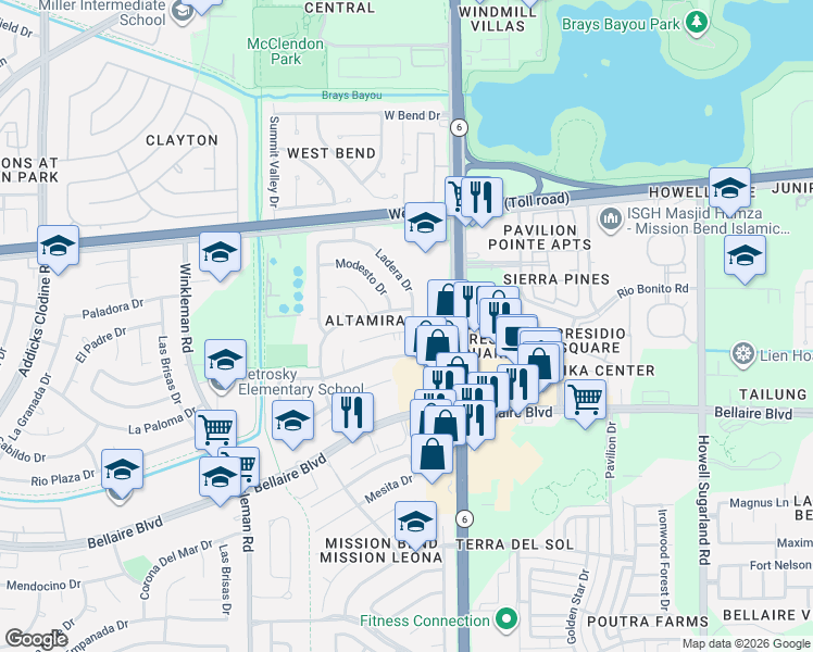 map of restaurants, bars, coffee shops, grocery stores, and more near 6438 Ladera Drive in Houston