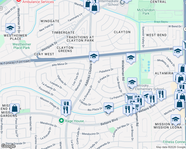 map of restaurants, bars, coffee shops, grocery stores, and more near 15422 Paladora Drive in Houston