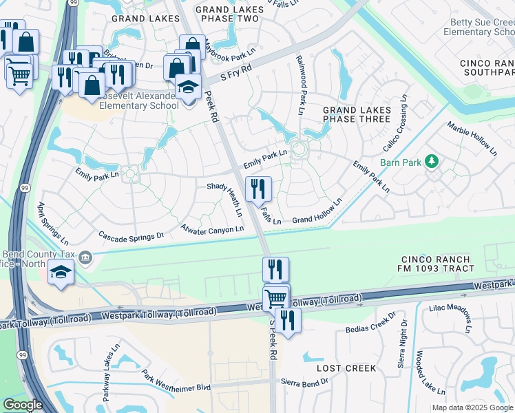 map of restaurants, bars, coffee shops, grocery stores, and more near 6206 Columbia Falls Lane in Katy