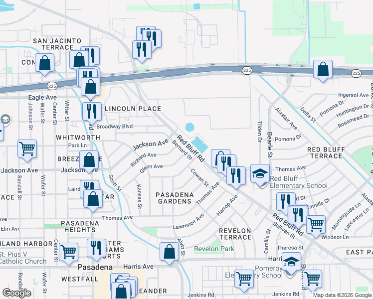 map of restaurants, bars, coffee shops, grocery stores, and more near 1503 Bernard Street in Pasadena