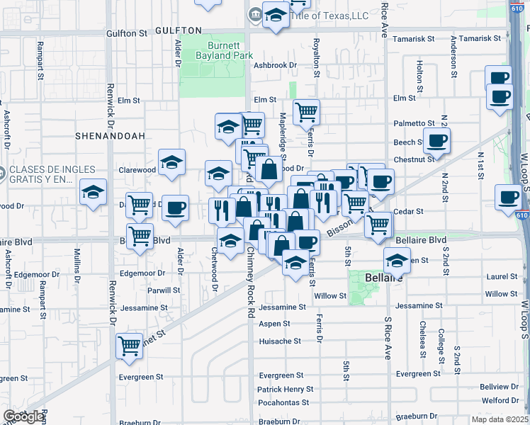 map of restaurants, bars, coffee shops, grocery stores, and more near 5424-5448 Dashwood Street in Bellaire