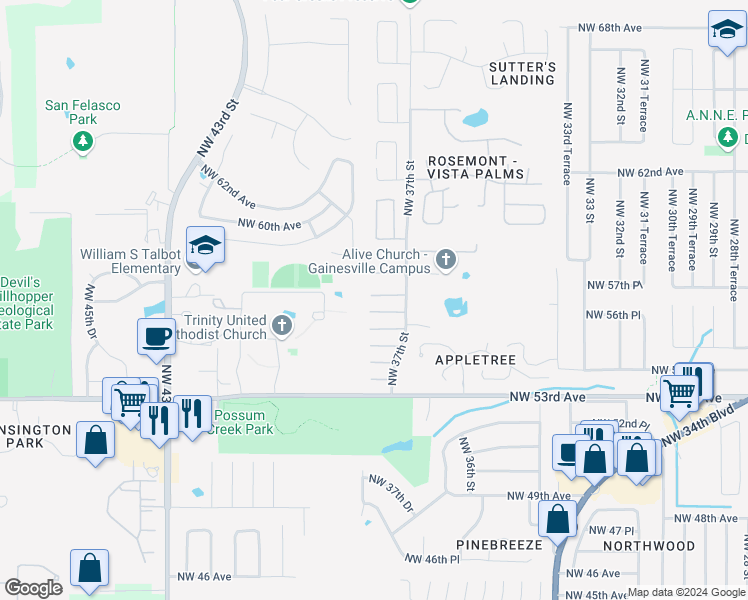 map of restaurants, bars, coffee shops, grocery stores, and more near 3755 Northwest 56 Lane in Gainesville