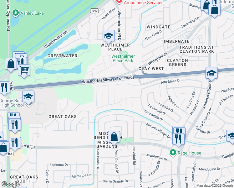 map of restaurants, bars, coffee shops, grocery stores, and more near 6506 La Violetta Drive in Houston