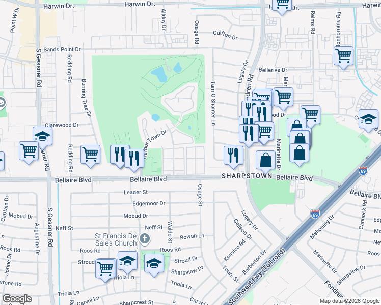 map of restaurants, bars, coffee shops, grocery stores, and more near 7912 Bellaire Boulevard in Houston