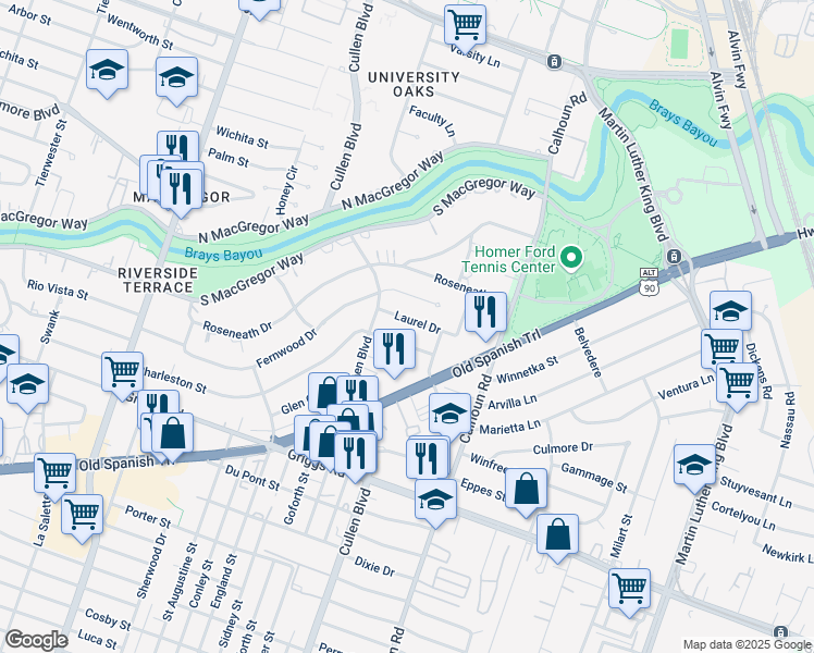map of restaurants, bars, coffee shops, grocery stores, and more near 4311 Laurel Drive in Houston