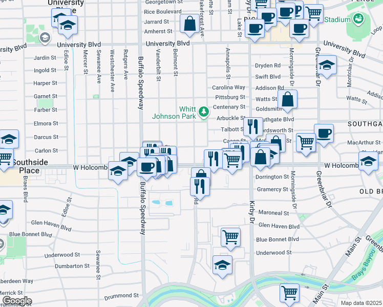 map of restaurants, bars, coffee shops, grocery stores, and more near 2924 Cason Street in Houston