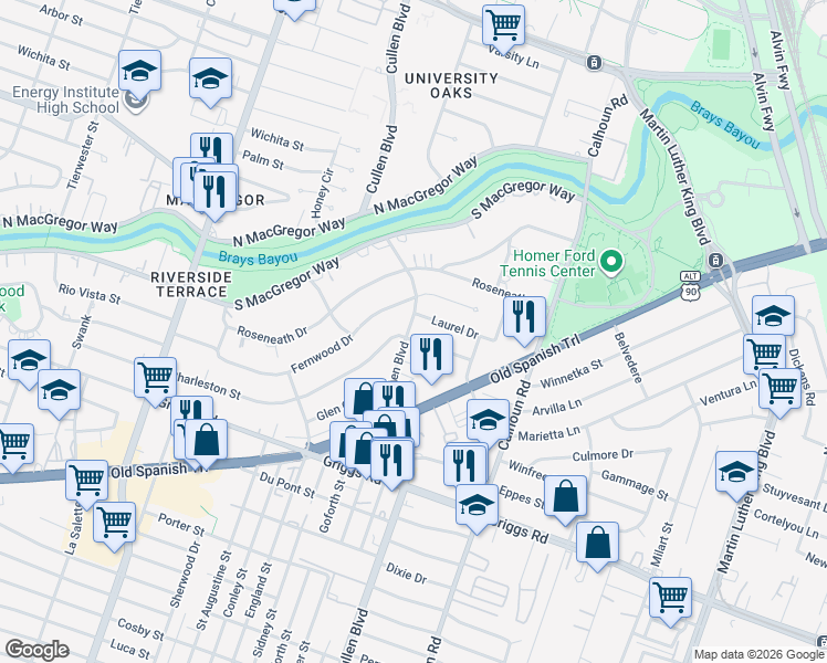 map of restaurants, bars, coffee shops, grocery stores, and more near 4311 Laurel Drive in Houston