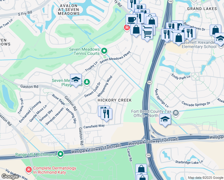 map of restaurants, bars, coffee shops, grocery stores, and more near 7126 Brockington Drive in Katy